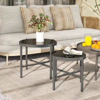 Outsunny Set of 2 Nesting Garden Coffee Tables with Tempered Glass Top, Black Aluminum Frame(m-2)