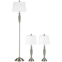 HOMCOM 3-częściowy zestaw lamp. 1 lampa podłogowa, 2 lampy stołowe, wykończenie tkaninowe; 38 cm x 38 cm x 158 cm, Srebrny + Biały(m-11)