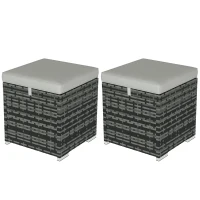 Outsunny Set of 2 PE Rattan Stools with Storage Garden Footrest with Cushion 40 x 40 x 41 cm, Light Gray(m-10)