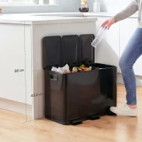 HOMCOM 3 x 15L Pedal Bin, Steel Triple Kitchen Bin with Soft Close Lid, Removable Inner Buckets, Fingerprint-Proof, Black(m-2)