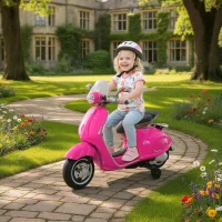 HOMCOM Motocicletă Electrică pentru Copii cu Licență Oficială Vespa, 2 Roți Auxiliare, Lumini și Sunete, 108x49x75 cm, Roz(m-2)