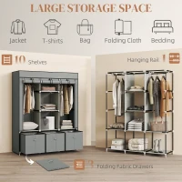 HOMCOM Foldable Fabric Wardrobe for Bedroom, Portable Wardrobe with 5 Shelves, 2 Hanging Rails and 3 Fabric Drawers, Light Grey(m-4)