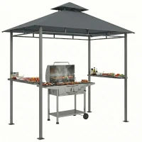 Outsunny Grillpavillon 2,4 x 1,4 m, Windfest Grillüberdachung mit Doppeldach Lüftungsöffnung Seitenregalen(m-10)