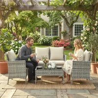 Outsunny Ensemble salon de jardin 4 pièces en rotin avec canapé 2 places, 2 chaises, table basse, gris(m-5)