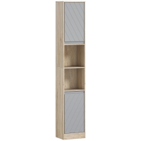 HOMCOM Armario de Baño Alto, Columna de Baño Estrecha con 2 Puertas y 2 Estantes Abiertos, para Espacios Pequeños, 30x24x170 cm, Roble y Gris