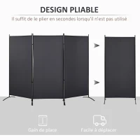 HOMCOM 3-panel room divider dim. 253L x 50l x 182H cm Side privacy screen Freestanding metal Polyester(m-4)