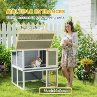 PawHut Dwupoziomowy Domek dla Królików z Drewna z Wodoodpornym Składanym Dachem, Wybiegiem, Rampą, 98x95x102,5 cm Szary(m-6)