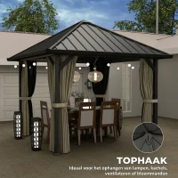 Outsunny 3 x 3m Harddak Paviljoen, Tuinpaviljoen met Metalen Dak, Waterbestendig Tuinzelt met Net en Zijwanden, Donkergrijs(m-8)