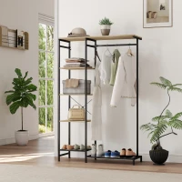 HOMCOM Freestanding Coat Rack Stand, Modern Hall Tree with Clothes Rail, Mesh Shoe Rack and Metal Frame for Hallway, Living Room, Bedroom, Oak and Black(m-7)