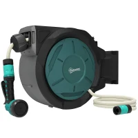 Outsunny Wall-Mounted Hose Reel 25 m x Ø 15 mm Automatic Retractable Water Hose Reel green(m-1)