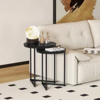HOMCOM Set of Two Marble-Effect Nest of Tables - Black Marble Effect(m-8)