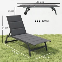 Outsunny Șezlong de soare material respirabil cu spătar reglabil în 6 trepte, roți, cadru din aluminiu Gri închis(m-3)
