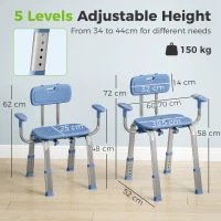 HOMCOM Taburet de duș scaun de duș ergonomic cu mânere, spătar, înălțime și șezut reglabile, albastru(m-3)