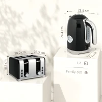 HOMCOM Retro 3000W Kettle and Toaster Set - Black(m-3)