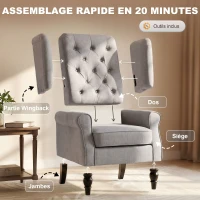 HOMCOM Fauteuil de salon capitonné avec assise large, pieds en bois, style classique, grand confort, 74 x 86 x 102 cm, gris(m-7)