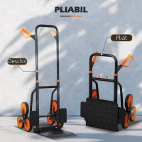 DURHAND Cărucior de Transport pentru Scări cu 6 Roți, Pliabil, Capacitate 120kg, Cadru din Oțel, Mâner PP, pentru Mutări, Grădinărit, Obiecte Grele, Portocaliu(m-4)