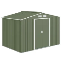 Outsunny 9 x 6ft Metal Garden Shed, Waterproof Outdoor Bike Storage Shed Galvanised with Vents, Foundation Kit, Apex Roof and Lockable Double Doors for Patio Lawn, Light Green(m-10)