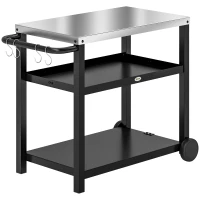 Outsunny Outdoor Grill Dining Cart 3-Shelf Movable Pizza Oven Table Stand with Stainless Steel Top, Portable BBQ Trolley Food Prep Outdoor Kitchen Barbecue Station with Hooks Wheels, Charcoal Grey(m-11)