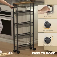 HOMCOM Slim Storage Trolley, 5-Tier Kitchen Cart on Wheels with Wood-effect Top, Handle for Living Room, Bathroom, Black(m-6)