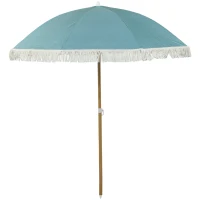 Outsunny Wood-effect Pole Beach Umbrella Ø 170 cm, Large Fringed Umbrella Adjustable Height, UPF50+ Carry Bag, Light Blue(m-11)