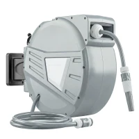 Outsunny Wall-Mounted Hose Reel 20+1.6m x Ø 15mm, Automatic Retractable Water Hose Reel, 180° Swivel, Gray(m-1)