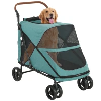 PawHut Carrinho para Cães Dobrável com um Botão até 30 kg com Suspensão nas 4 Rodas Giratório e Travão de Pé Turquesa(m-11)