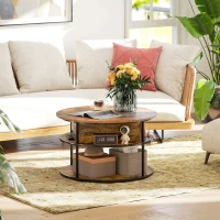 HOMCOM Lift Top Coffee Table, Round Coffee Table with Storage Shelf, Hidden Compartment and Steel Frame for Living Room, Home Office, Brown(m-8)