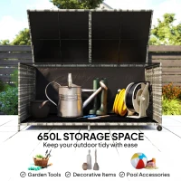 Outsunny 650L Garden Storage Box with 2 Wheels, Rattan Deck Box with Waterproof Zipped Liner, Safe Pneumatic Rods, Mixed Grey(m-4)