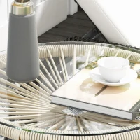 Outsunny Round Garden Coffee Table in Rattan-Effect Resin with Metal Frame and Tempered Glass Top Ø 50 x 50 cm Cream(m-9)