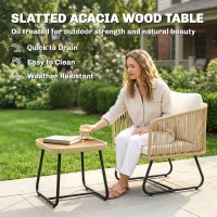 Outsunny Set bistró de ratán 3 piezas set de muebles de jardín FSC con 2 sillones, mesa de lamas de madera, cojines gruesos lavables, estructura de acero(m-4)