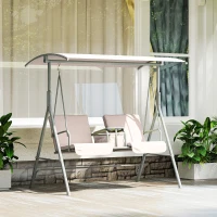 Outsunny 2 Seater Garden Swing Chair Patio Rocking Bench w/ Tilting Canopy, Double Padded Seats, Storage Bag and Tray, Beige(m-2)
