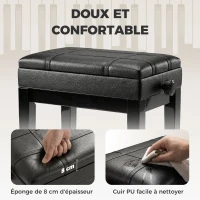 HOMCOM Banquette tabouret siège pour piano coffre intégré hauteur réglable bois hévéa assise revêtement synthétique noir(m-6)