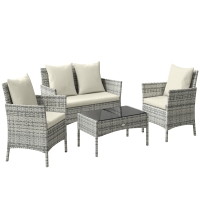 Outsunny Conjunto Sala de Jardim 4 peças em Rattan com Sofá de 2 Lugares 2 Cadeiras Mesa de Centro Cinza