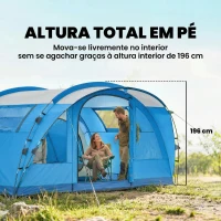 Outsunny Tenda de Campismo Familiar Tipo Túnel para 4 Pessoas com 2 Quartos Porta 4 Janelas Impermeável Montagem Fácil Azul(m-5)