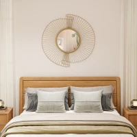 HOMCOM Decorațiune de Perete Oglindă Rotundă, Oglindă Modernă cu Benzi din Metal și Design Plisat, Artă Decorativă pentru Living, Dormitor și Intrare, 60x60 cm, Auriu(m-8)