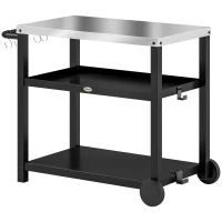Outsunny Outdoor Grill Dining Cart 3-Shelf Movable Pizza Oven Table Stand with Stainless Steel Top, Portable BBQ Trolley Food Prep Outdoor Kitchen Barbecue Station with Hooks Wheels, Charcoal Grey(m-1)