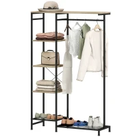 HOMCOM Freestanding Coat Rack Stand, Modern Hall Tree with Clothes Rail, Mesh Shoe Rack and Metal Frame for Hallway, Living Room, Bedroom, Oak and Black(m-10)