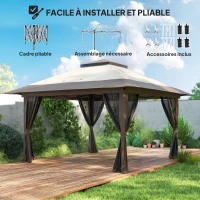 Outsunny Pop-up Folding Garden Gazebo Double Roof UV50+ Protection with 4 Zippered Mosquito Nets 4 x 4 m Beige(m-5)