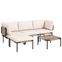 Outsunny Set da Giardino 5 Pezzi in Polyrattan, con 3 Poltrone, Tavolo in Vetro, Pouf, Seduta Ampia e Profonda, Cuscini Rimovibili(m-1)