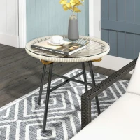 Outsunny Round Garden Coffee Table in Rattan-Effect Resin with Metal Frame and Tempered Glass Top Ø 50 x 50 cm Cream(m-2)