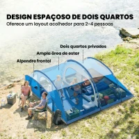 Outsunny Tenda de Campismo Familiar Tipo Túnel para 4 Pessoas com 2 Quartos Porta 4 Janelas Impermeável Montagem Fácil Azul(m-4)