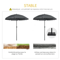 Outsunny Tiltable Beach Parasol UV 50 + Protection with 8 Fiberglass Ribs Ø 180 cm Dark Gray(m-7)