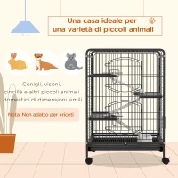 PawHut Gabbia per Piccoli Animali e Piccoli Roditori con Ruote, Gabbietta per Conigli e Cincillà con 3 Rampe e 3 Piattaforme, Ciotola e Bottiglia, 61.5x44x95 cm, Nero(m-4)