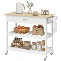 HOMCOM Carrinho de cozinha com armazenamento, ilha de cozinha móvel com ampla bancada, gaveta, 2 prateleiras abertas, suporte para toalhas, Branco(m-4)