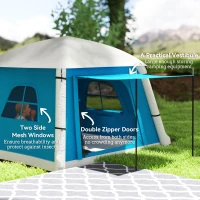 Outsunny Inflatable Camping Tent w/ Hand Pump, Easy Setup 1/2 Person Blow Up Tent Waterproof 190T Taffeta w/ Mesh Windows, Doors and Carry Bag, Light Blue(m-6)