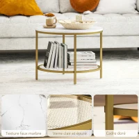 HOMCOM Modern Round 2-Tier Coffee Table with Faux Marble Top and Tempered Glass Shelf, Ø 60 x 45 cm, White and Gold(m-6)