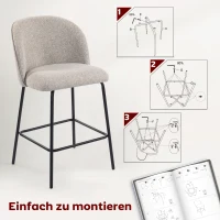 HOMCOM Set van 2 Barkrukken met Rugleuning en Voetensteun, Gestoffeerde Stoelen met Stalen Poten voor Keukeneiland, Lichtgrijs(m-7)