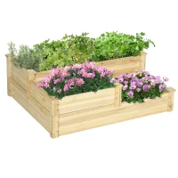 Outsunny Wooden Raised Garden Bed Outdoor Stepped Planter 3 Levels Open-Bottom Design 108 x 88 x 36 cm Natural Wood(m-11)