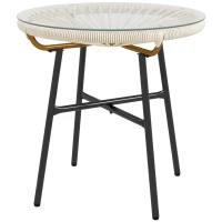 Outsunny Round Garden Coffee Table in Rattan-Effect Resin with Metal Frame and Tempered Glass Top Ø 50 x 50 cm Cream(m-11)