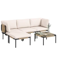 Outsunny Ensemble lounge en Polyrattan 5 pièces avec 3 fauteuils, table en verre, repose-pieds, assise large & profonde, coussins amovibles(m-6)